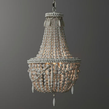 Farmhouse Distressed Wood Beaded 3-Light Large Chandelier in Antique White